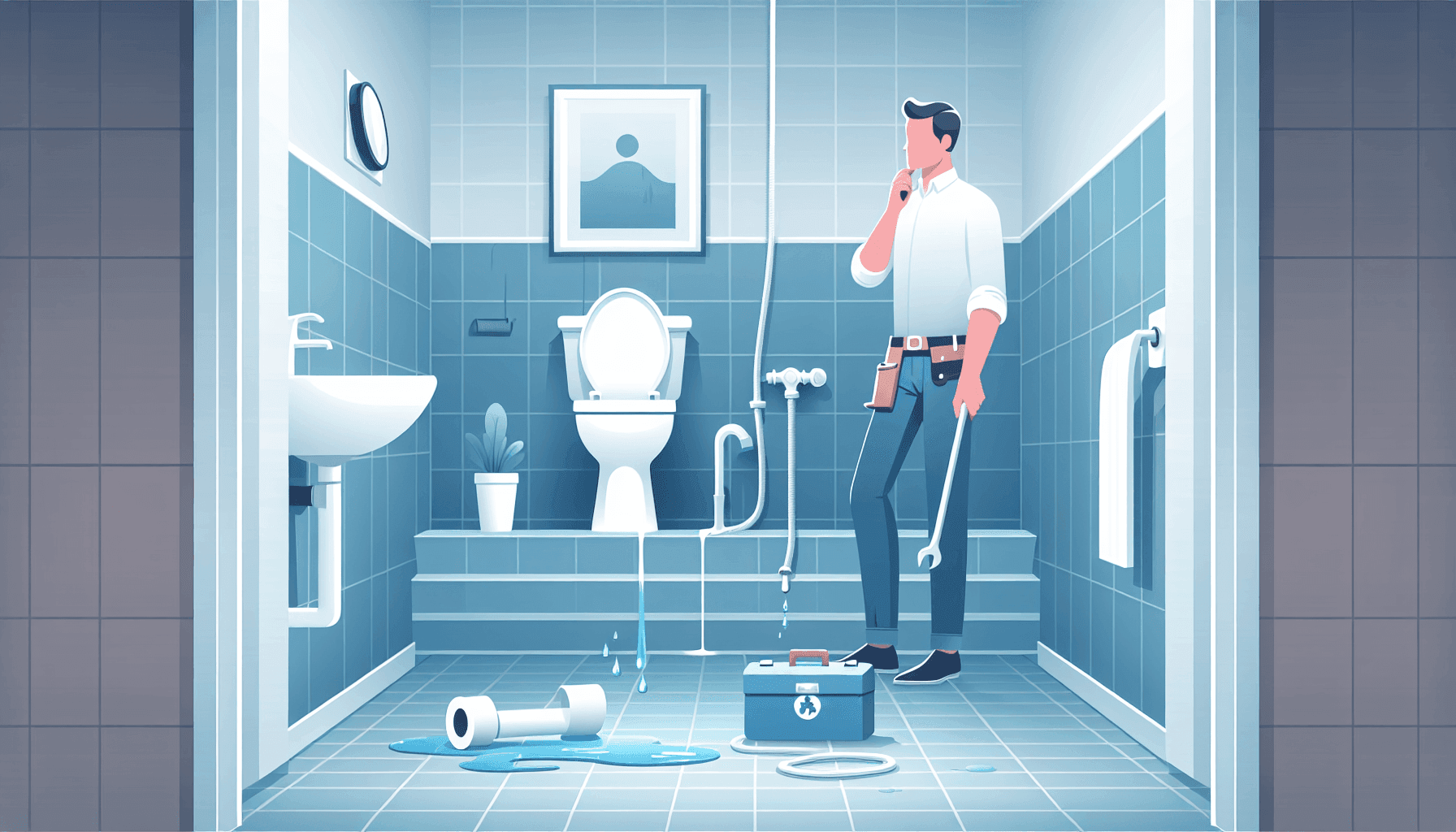 Illustration of leaking toilet and dripping faucet in bathroom