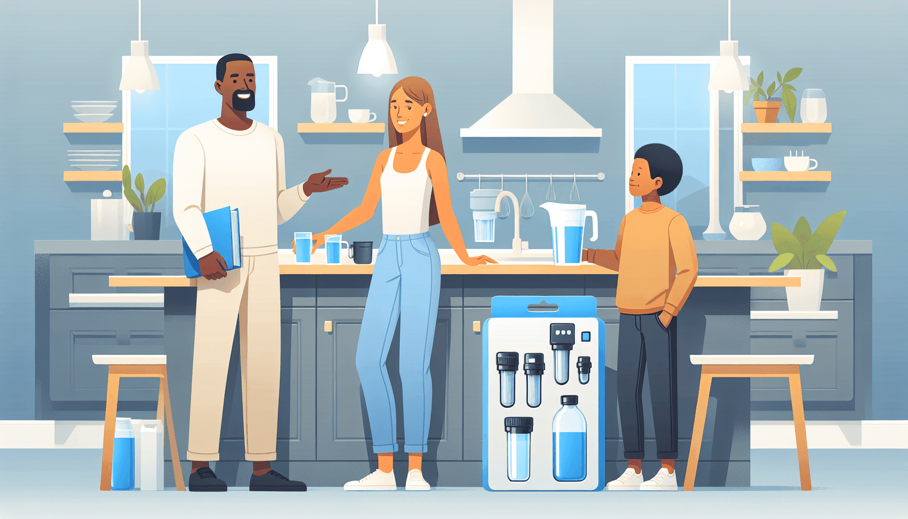 Plumber showing different water filtration options to a family