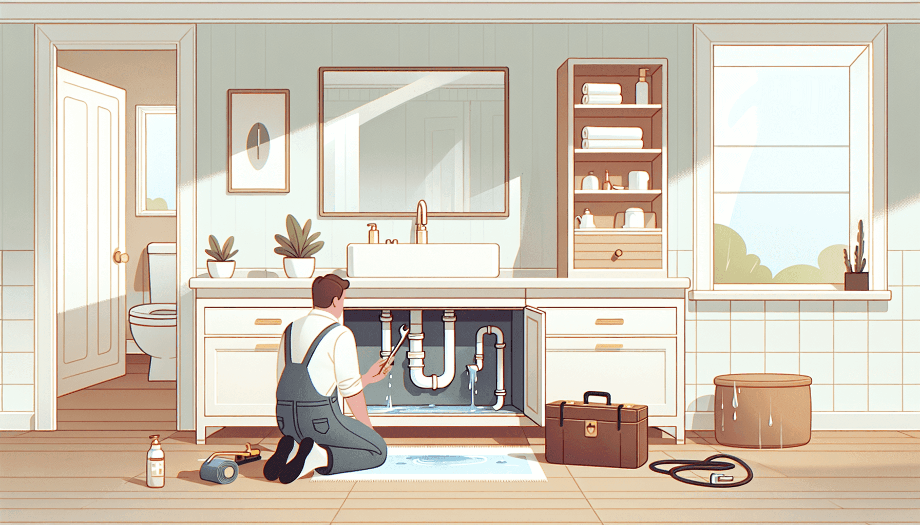 Homeowner checking for water leaks under bathroom sink