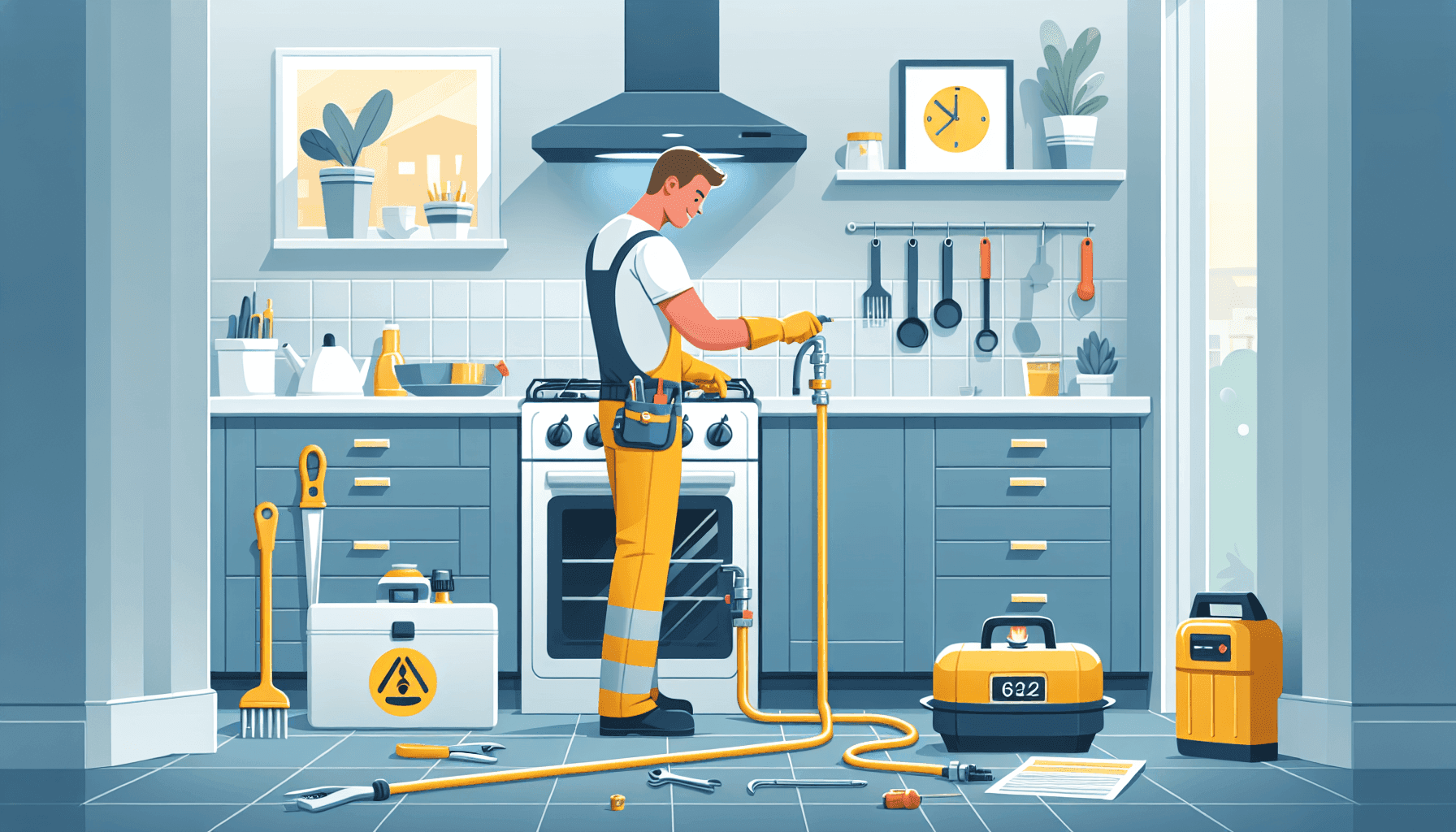 Licensed plumber installing gas line in home kitchen