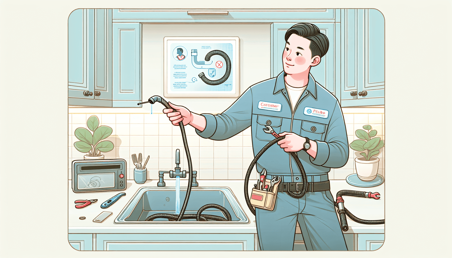 Illustration of plumber using a drain snake in a kitchen sink