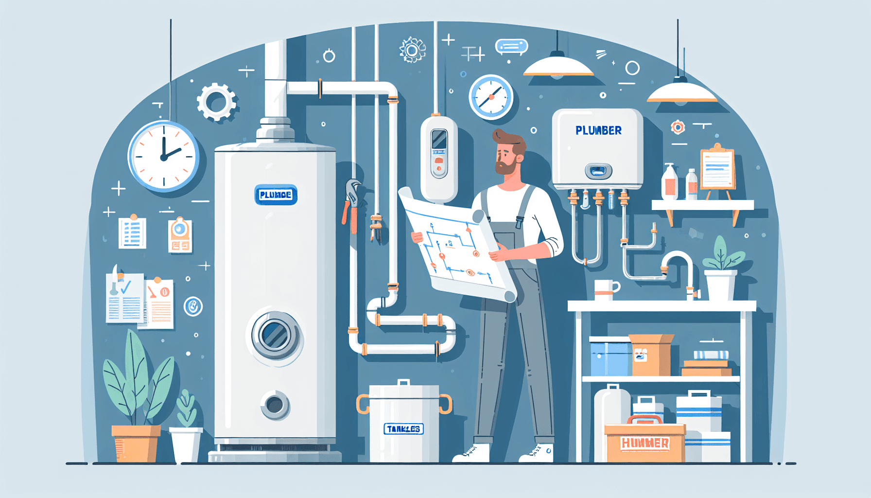 Illustration of plumber comparing tank and tankless water heaters